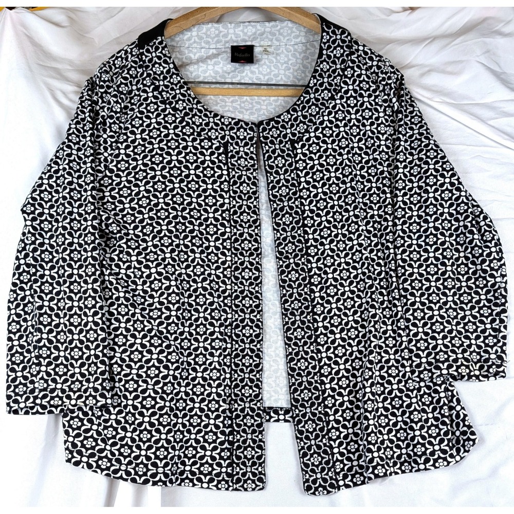 Rafaella Womens XL Black White Floral Cotton Knit Open Front Cardigan Jacket